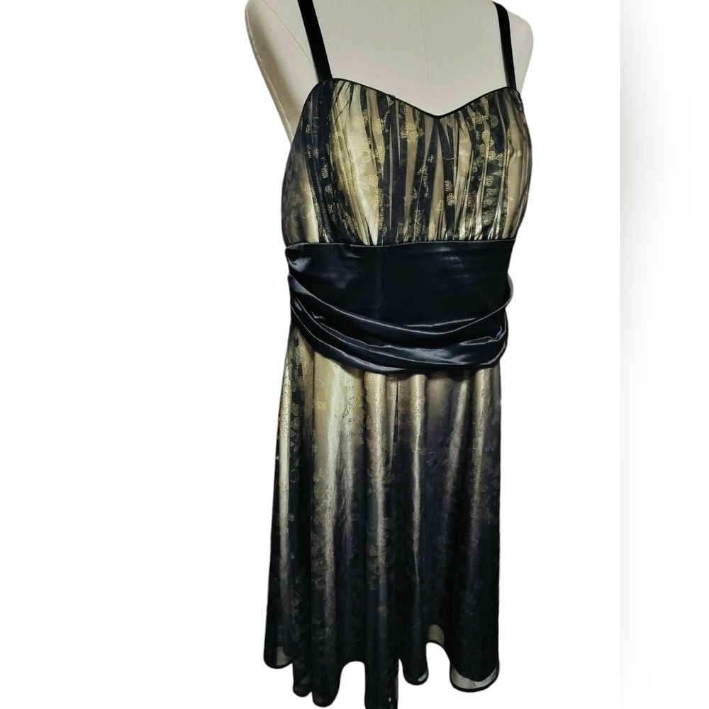 2841)R&M Richards Sleeveless Black Gold Floral Mesh Overlay Satin Dress Size 16W